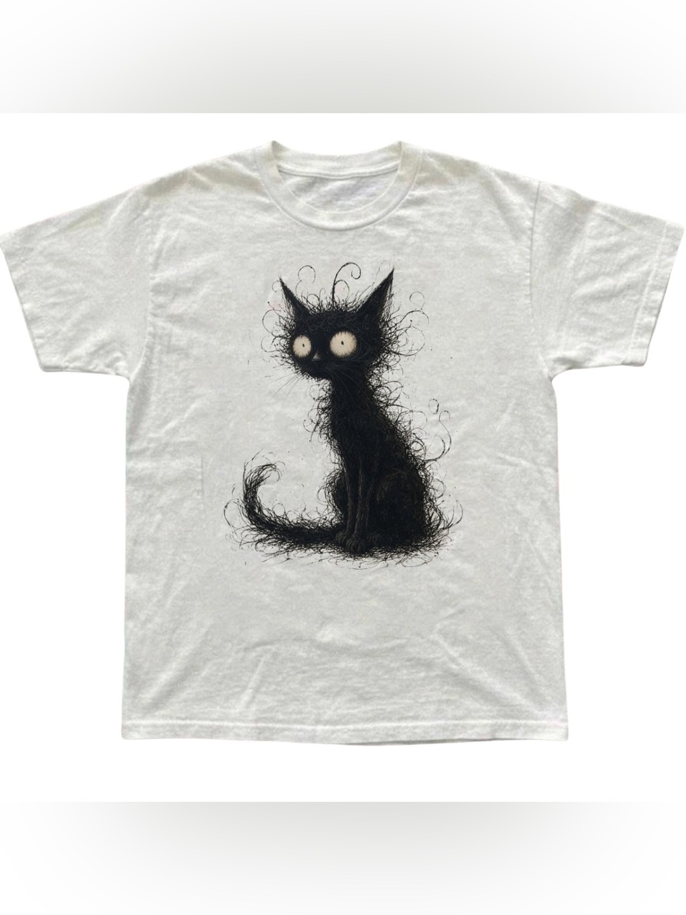 Gildan White Sketched Cat Graphic Tee with Black Fuzzy Cat Illustration Unisex
